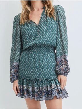 Veronica Beard Teal Printed Long-Sleeve Smocked Mini Dress